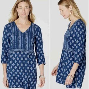 J Jill Women XL Blue Floral Print Woodblock Seaside V-Neck 3/4 Sleeve Tunic EUC